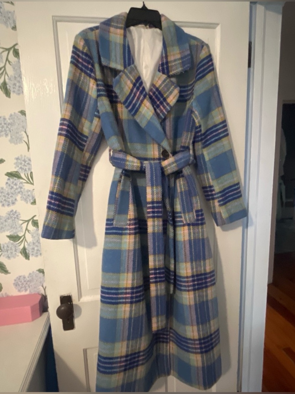 Sunday Blue Plaid Long Belted Wrap Coat